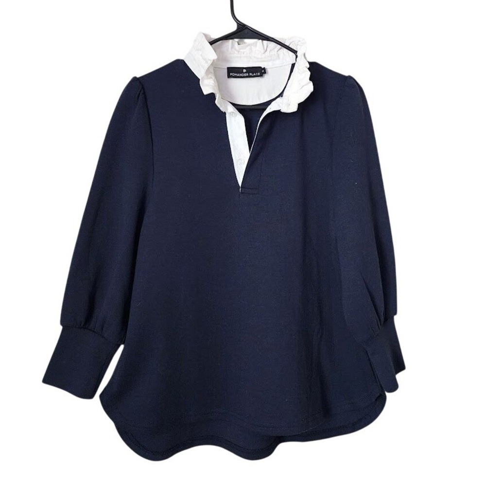 POMANDER PLACE Tuckernuck Charlotte Terry Top Navy Ruffle Collar‎ Preppy XS